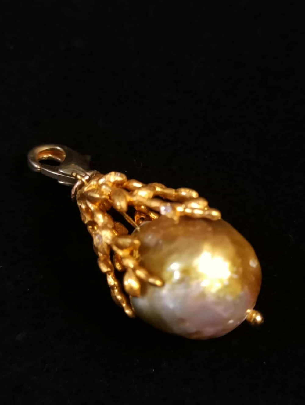 Vintage Oversized Baroque Pearl Pendant Gold Plated Sculptural Statement Charm